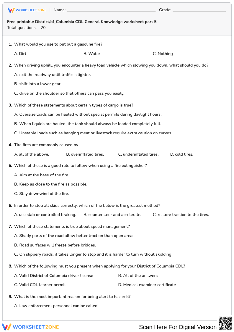 Free printable District/of_Columbia CDL General Knowledge worksheet part 5