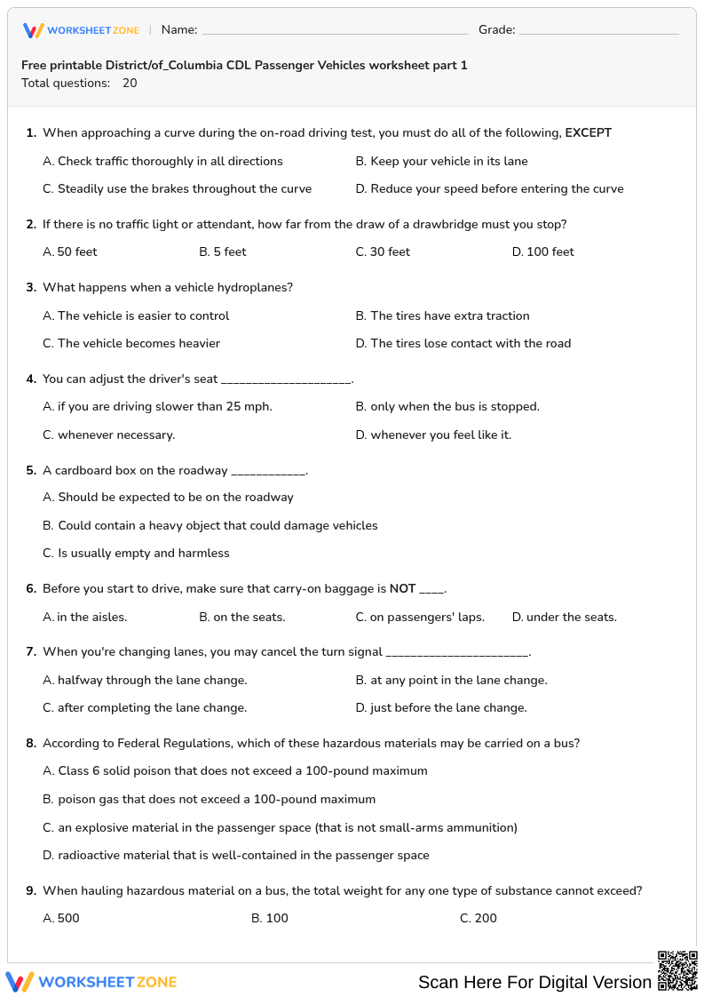 Free printable District/of_Columbia CDL Passenger Vehicles worksheet part 1