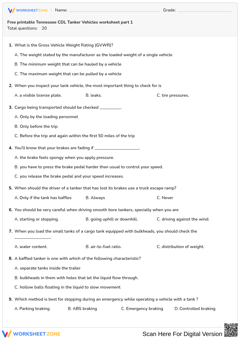 Free printable Tennessee CDL Tanker Vehicles worksheet part 1