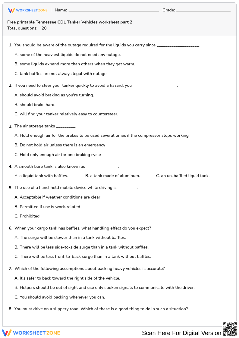 Free printable Tennessee CDL Tanker Vehicles worksheet part 2