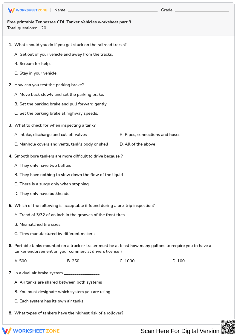 Free printable Tennessee CDL Tanker Vehicles worksheet part 3