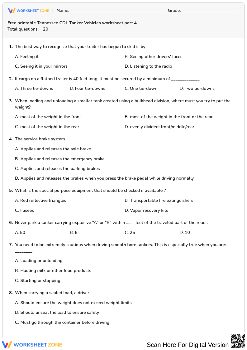 Free printable Tennessee CDL Tanker Vehicles worksheet part 4