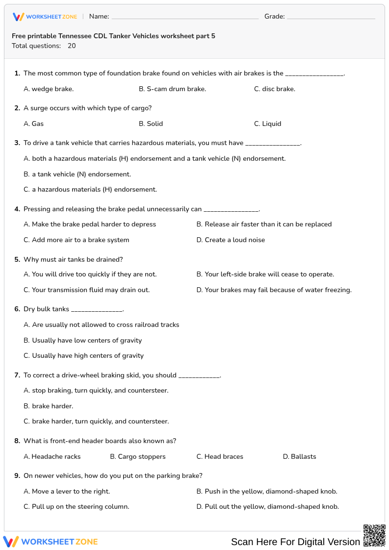 Free printable Tennessee CDL Tanker Vehicles worksheet part 5