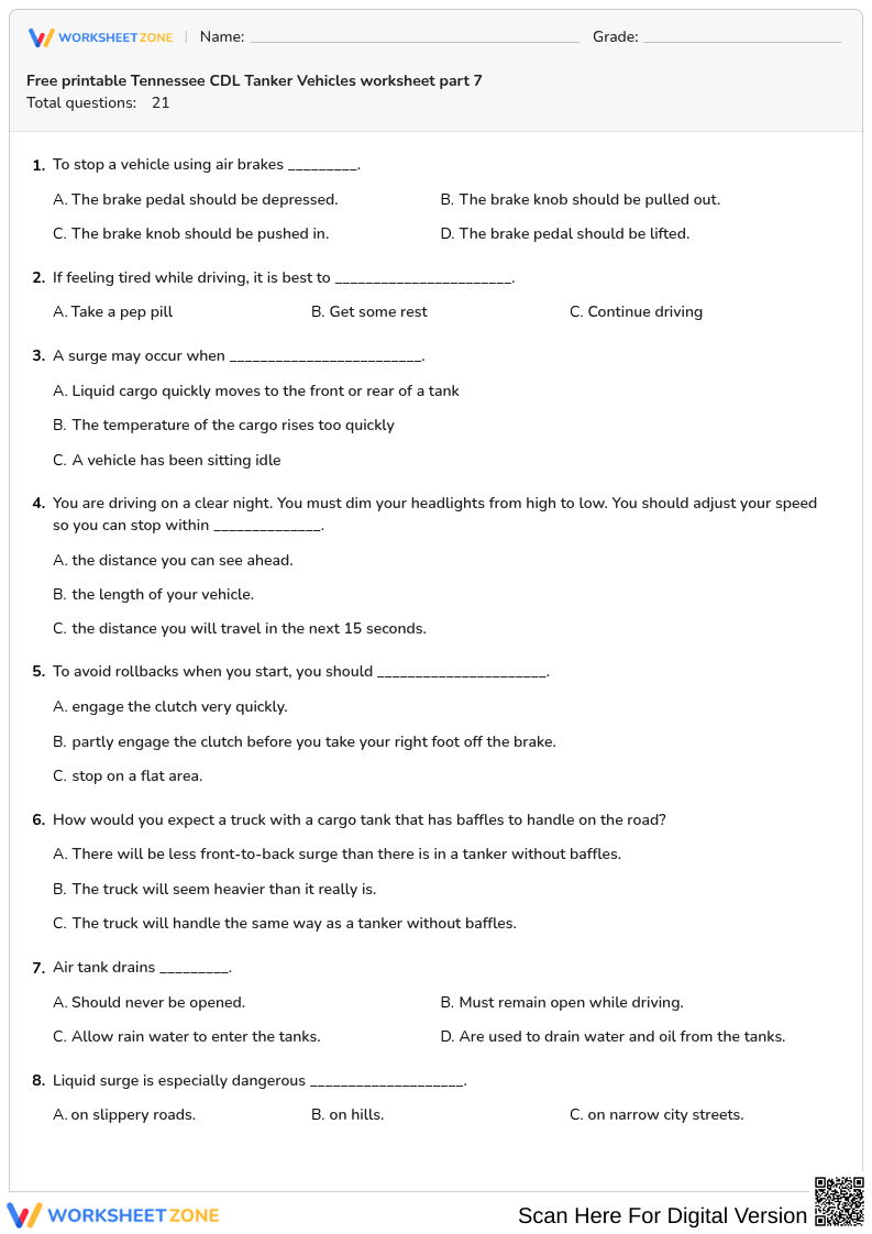 Free printable Tennessee CDL Tanker Vehicles worksheet part 7