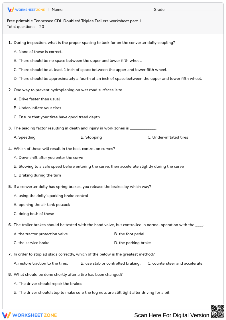 Free printable Tennessee CDL Doubles/ Triples Trailers worksheet part 1