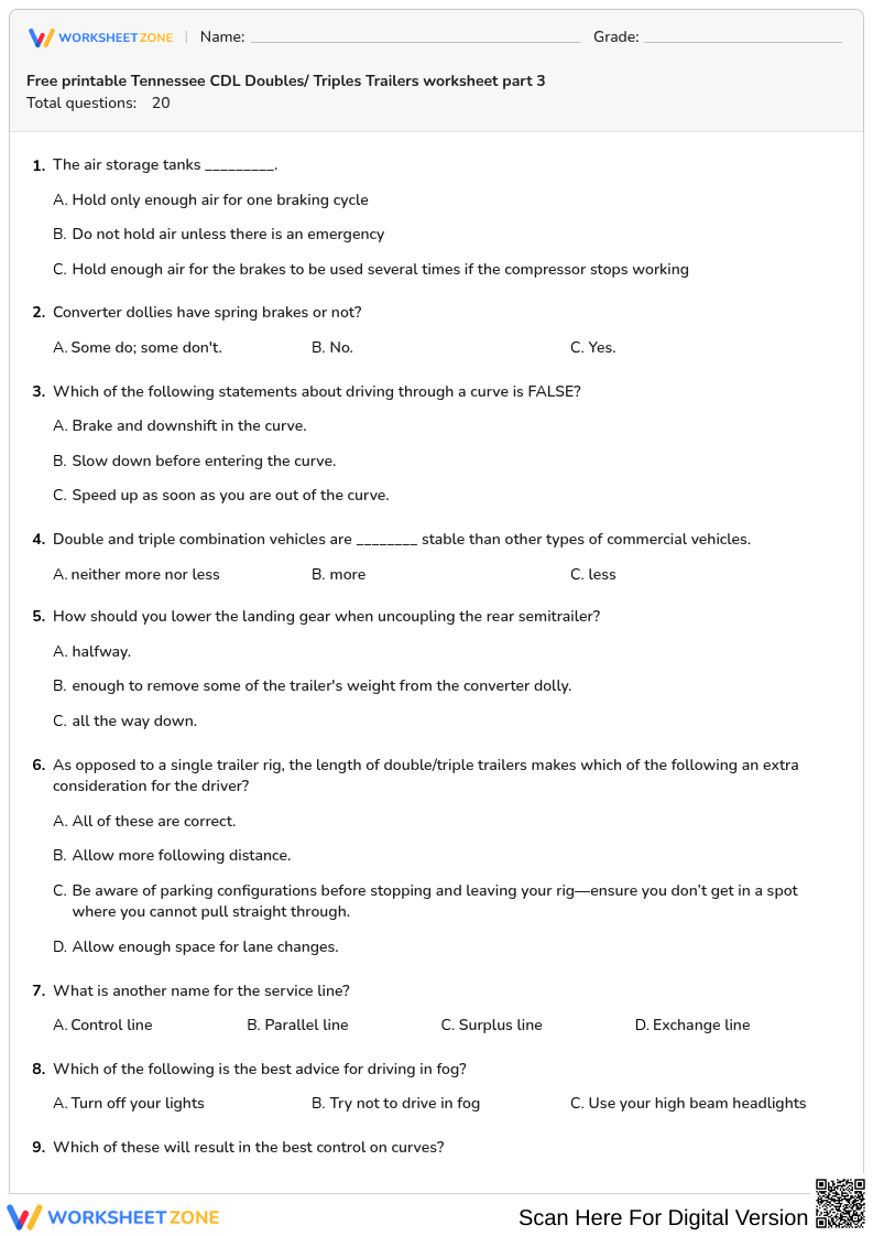 Free printable Tennessee CDL Doubles/ Triples Trailers worksheet part 3