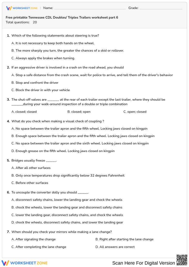 Free printable Tennessee CDL Doubles/ Triples Trailers worksheet part 6