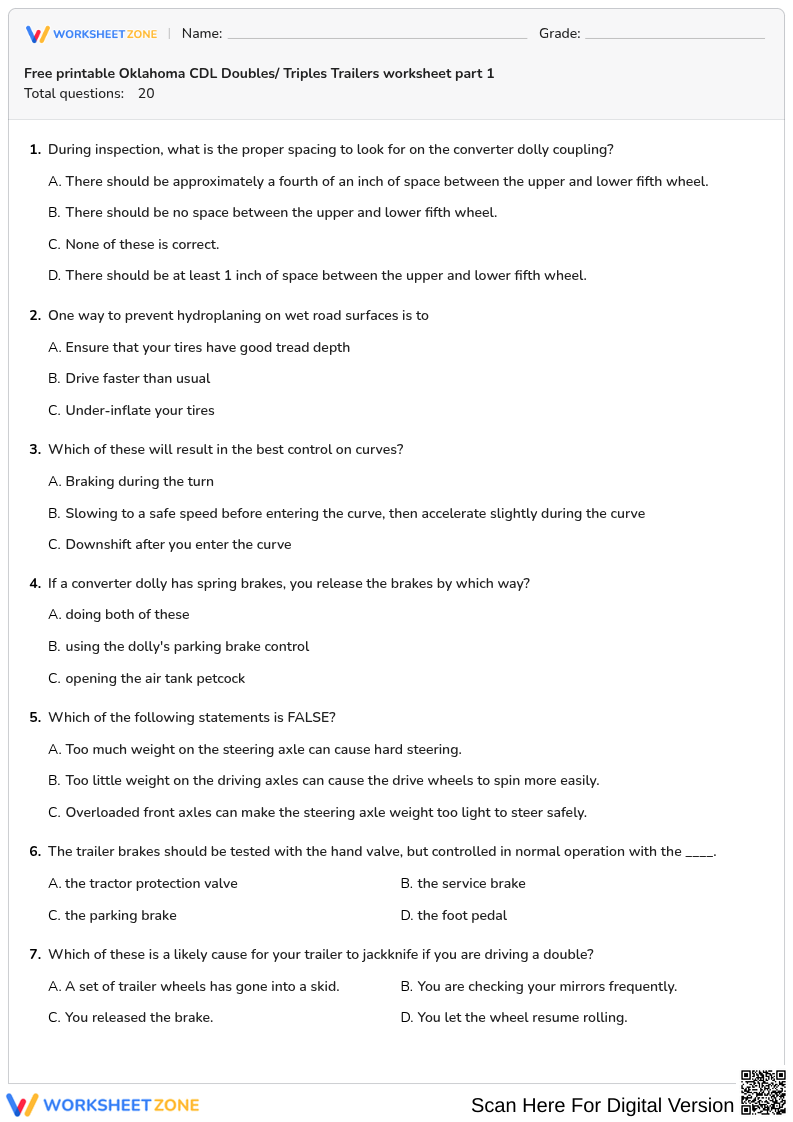 Free printable Oklahoma CDL Doubles/ Triples Trailers worksheet part 1