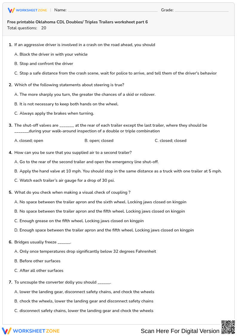 Free printable Oklahoma CDL Doubles/ Triples Trailers worksheet part 6