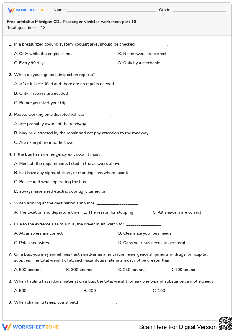 Free printable Michigan CDL Passenger Vehicles worksheet part 10