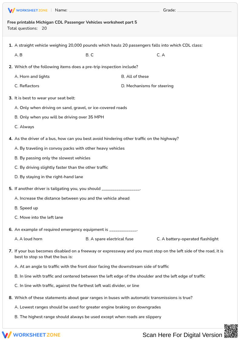 Free printable Michigan CDL Passenger Vehicles worksheet part 5
