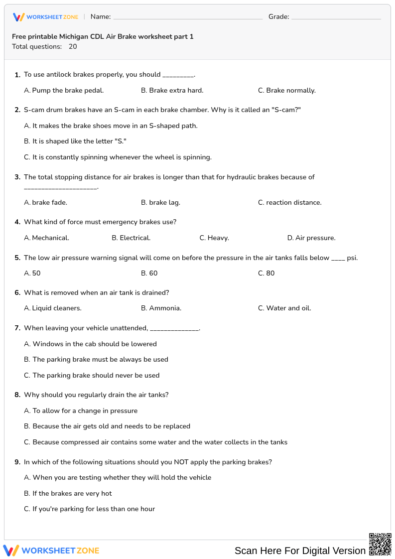 Free printable Michigan CDL Air Brake worksheet part 1