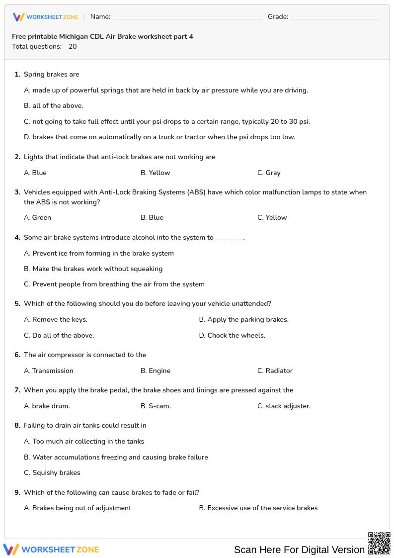 Free printable Michigan CDL Air Brake worksheet part 4