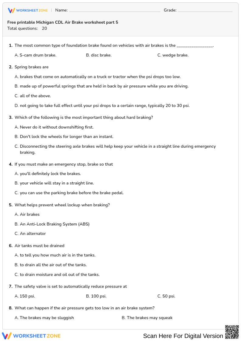 Free printable Michigan CDL Air Brake worksheet part 5