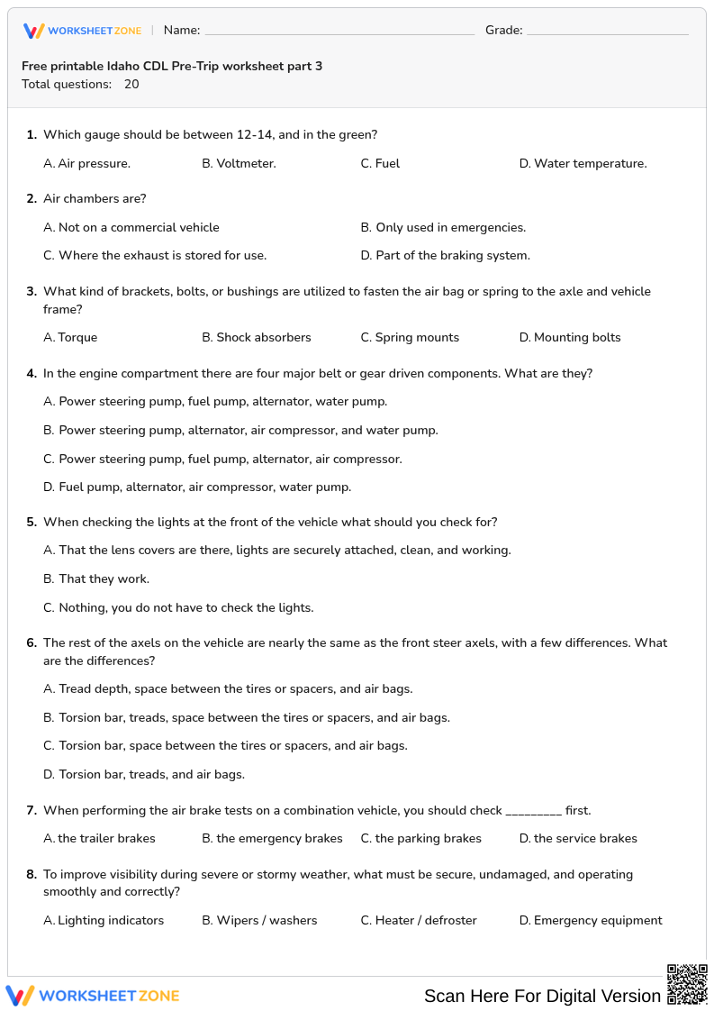 Free printable Idaho CDL Pre-Trip worksheet part 3