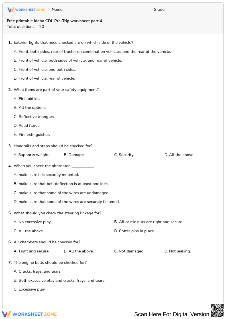 Free printable Idaho CDL Pre-Trip worksheet part 4