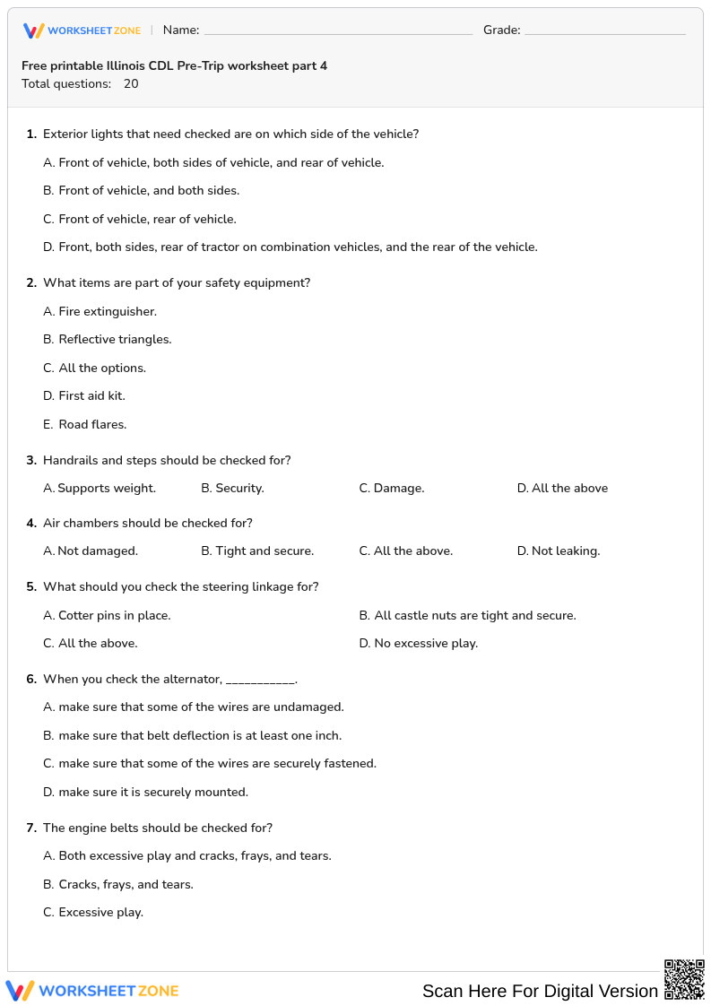 Free printable Illinois CDL Pre-Trip worksheet part 4