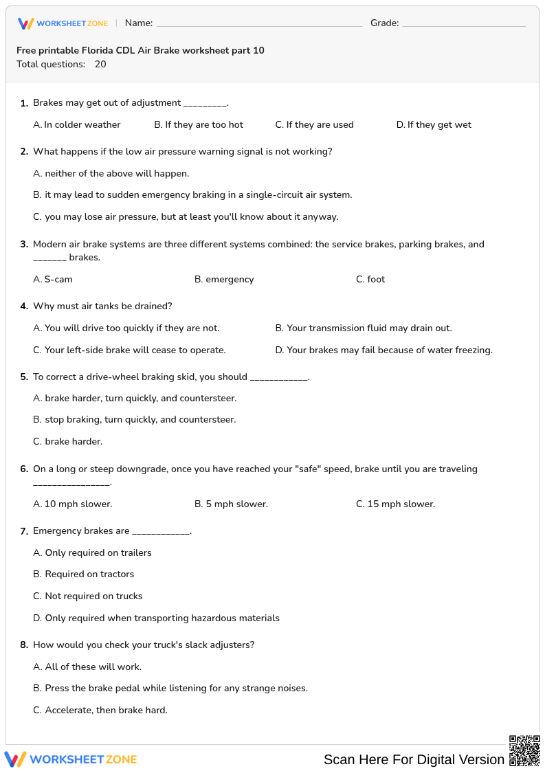 Free printable Florida CDL Air Brake worksheet part 10
