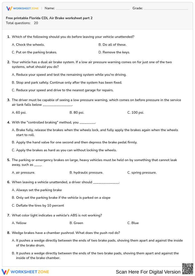 Free printable Florida CDL Air Brake worksheet part 2