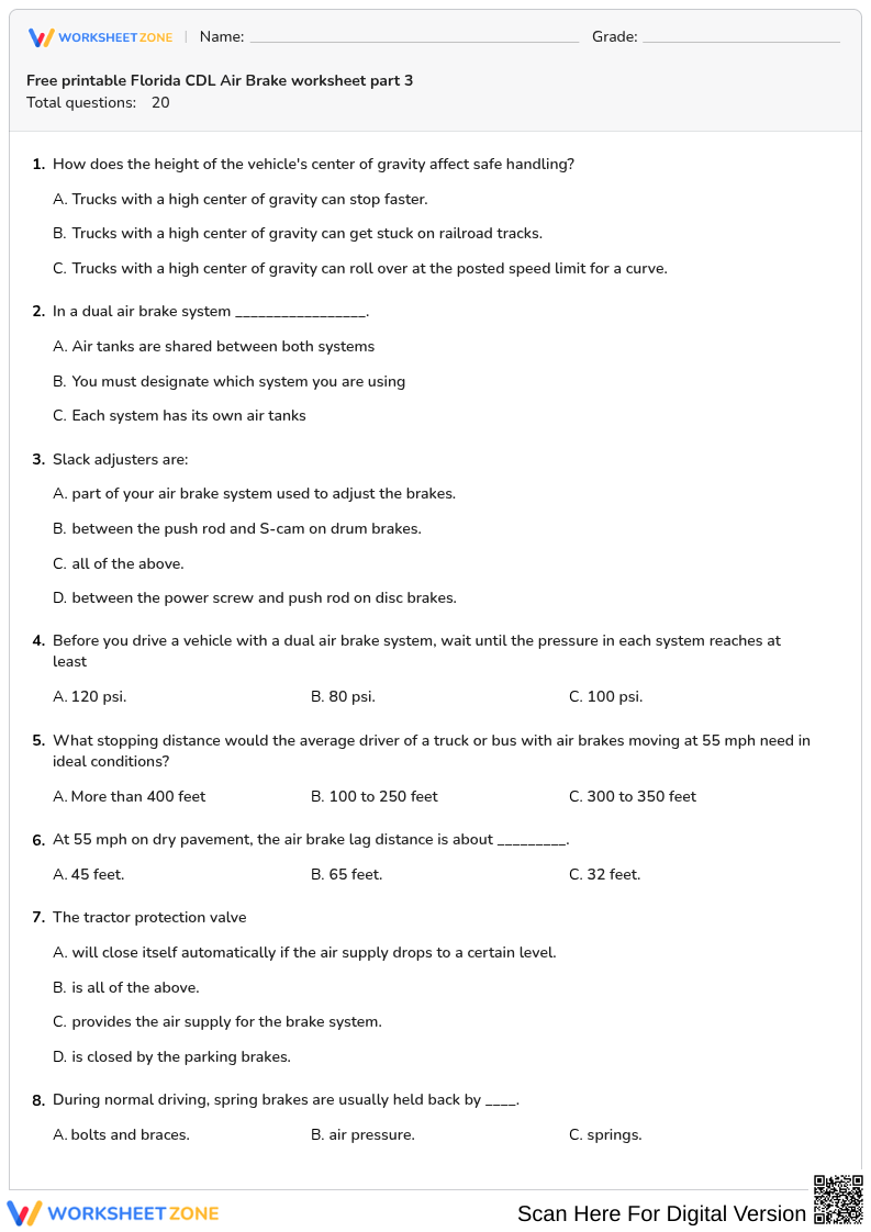 Free printable Florida CDL Air Brake worksheet part 3
