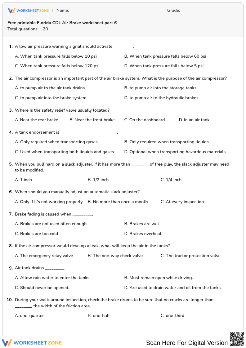 Free printable Florida CDL Air Brake worksheet part 6