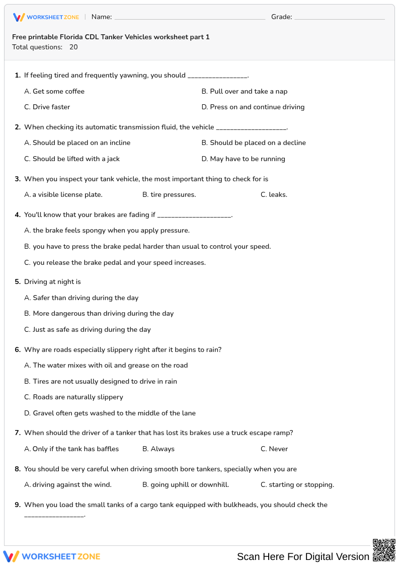 Free printable Florida CDL Tanker Vehicles worksheet part 1