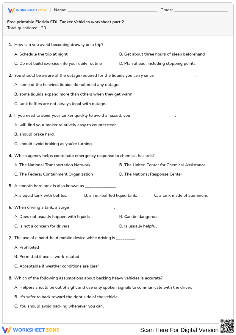 Free printable Florida CDL Tanker Vehicles worksheet part 2