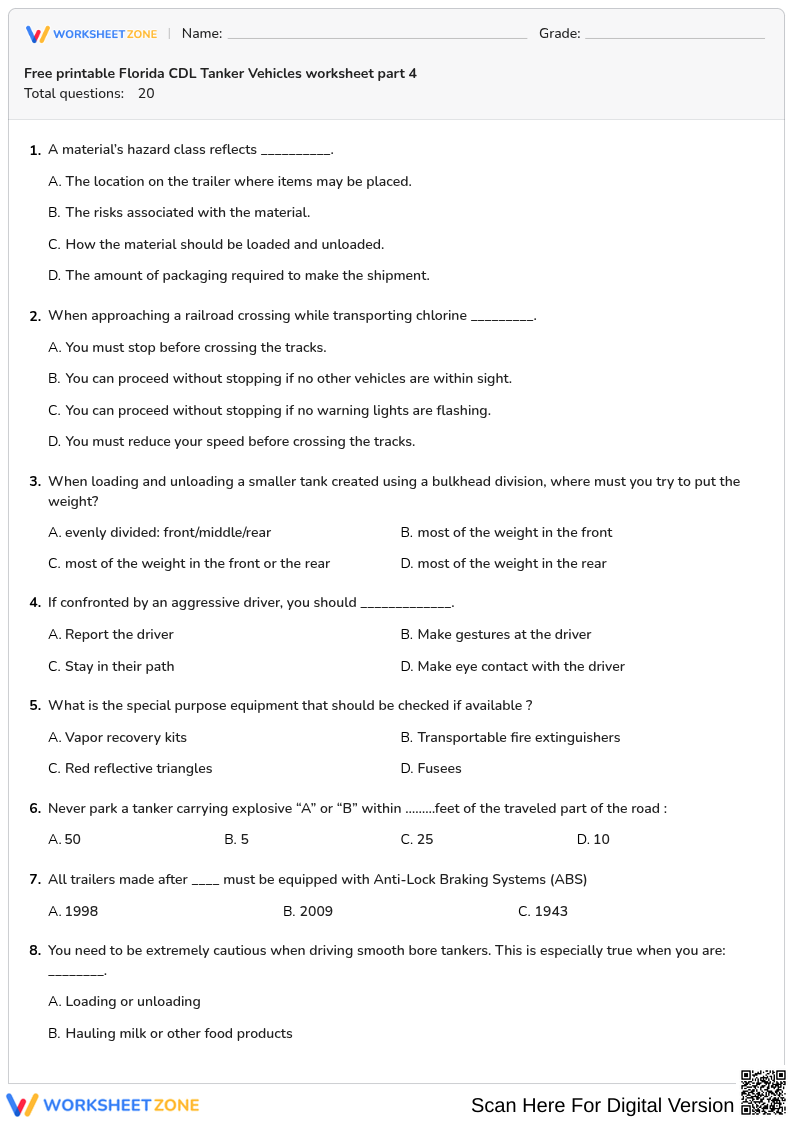 Free printable Florida CDL Tanker Vehicles worksheet part 4