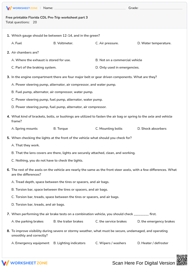 Free printable Florida CDL Pre-Trip worksheet part 3