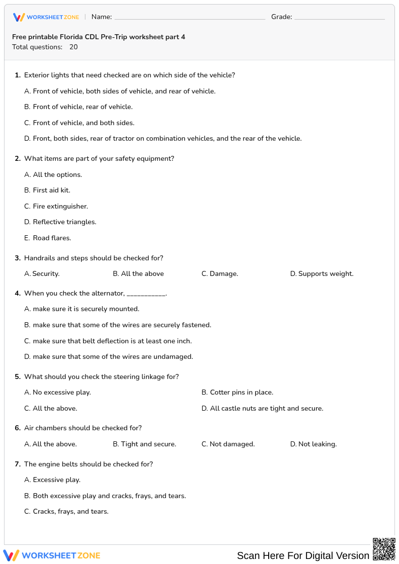 Free printable Florida CDL Pre-Trip worksheet part 4