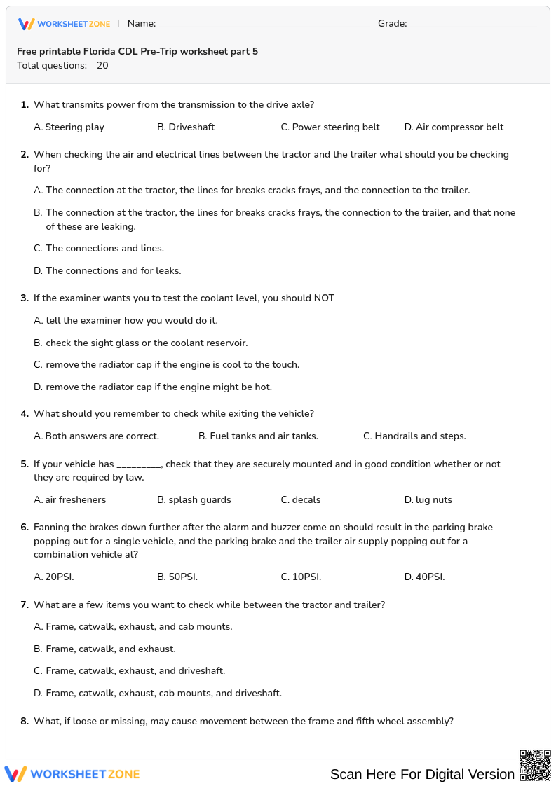Free printable Florida CDL Pre-Trip worksheet part 5