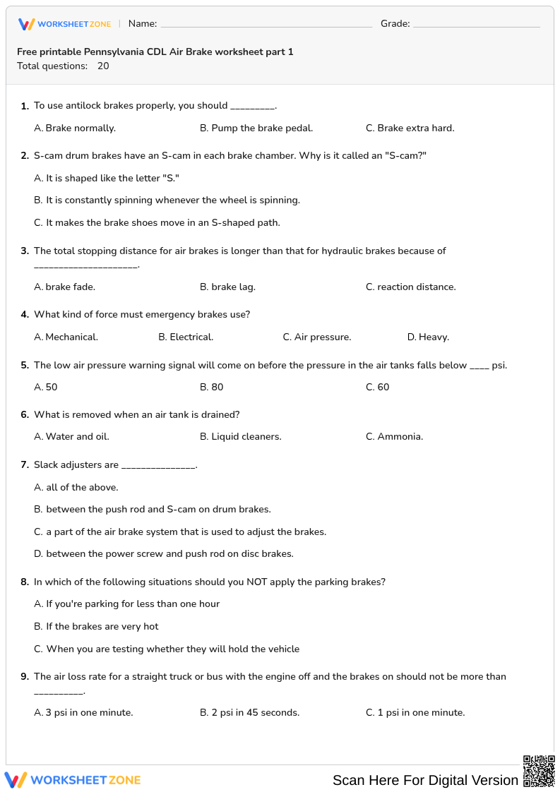 Free printable Pennsylvania CDL Air Brake worksheet part 1