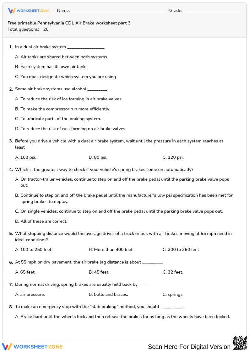 Free printable Pennsylvania CDL Air Brake worksheet part 3