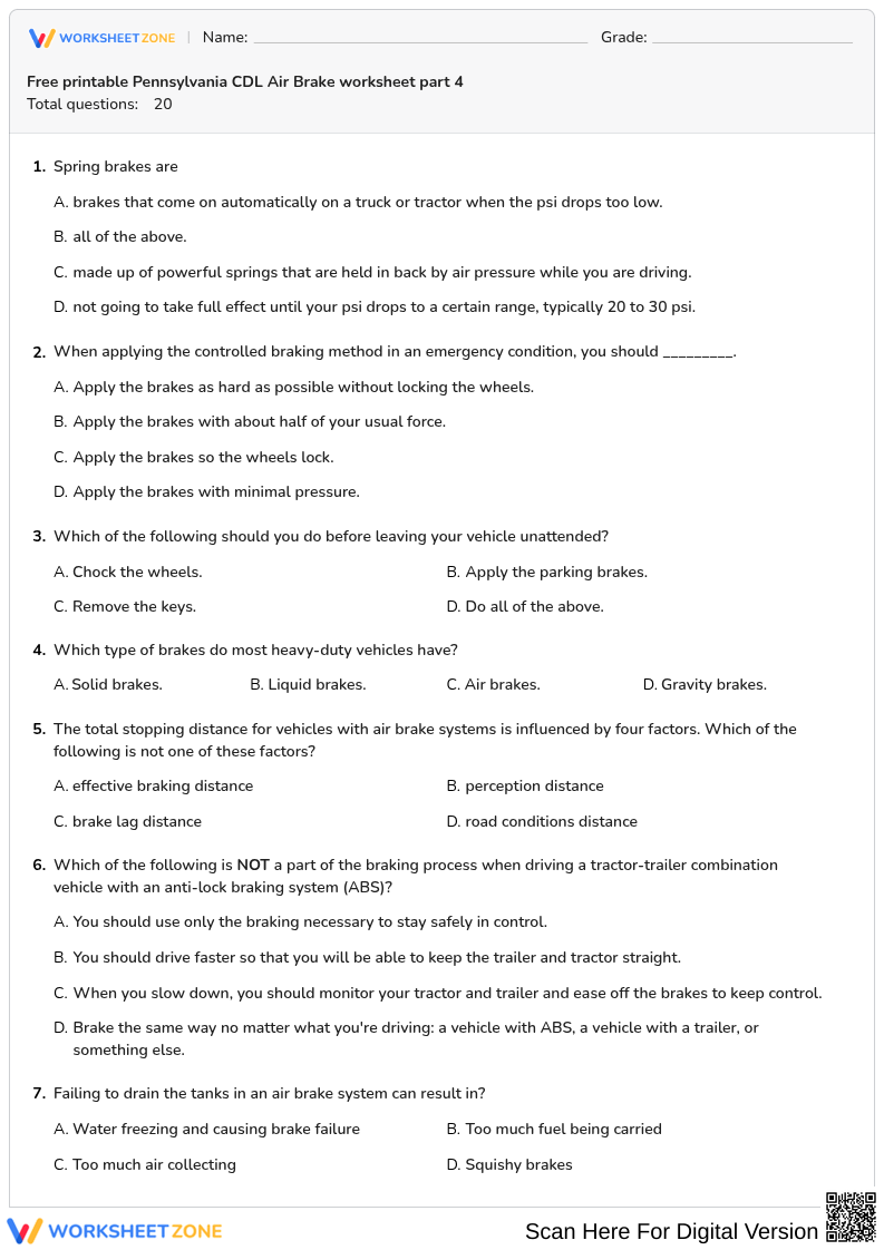 Free printable Pennsylvania CDL Air Brake worksheet part 4