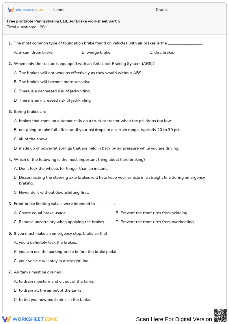 Free printable Pennsylvania CDL Air Brake worksheet part 5