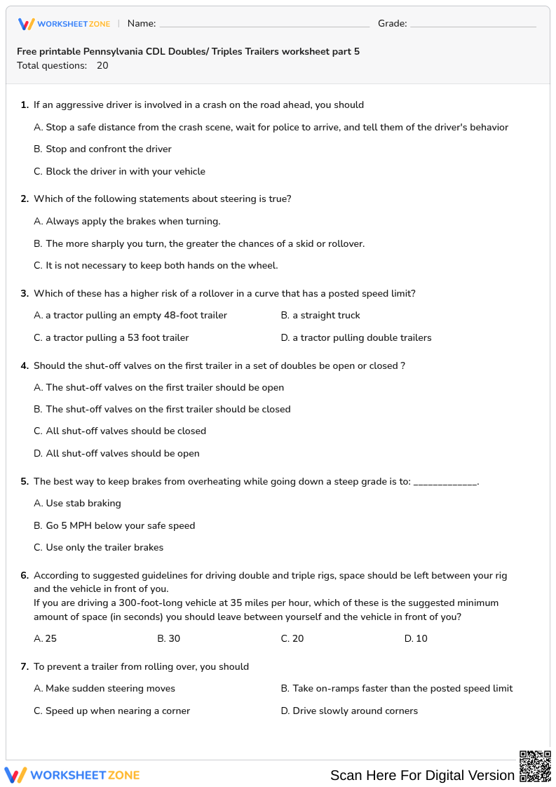 Free printable Pennsylvania CDL Doubles/ Triples Trailers worksheet part 5