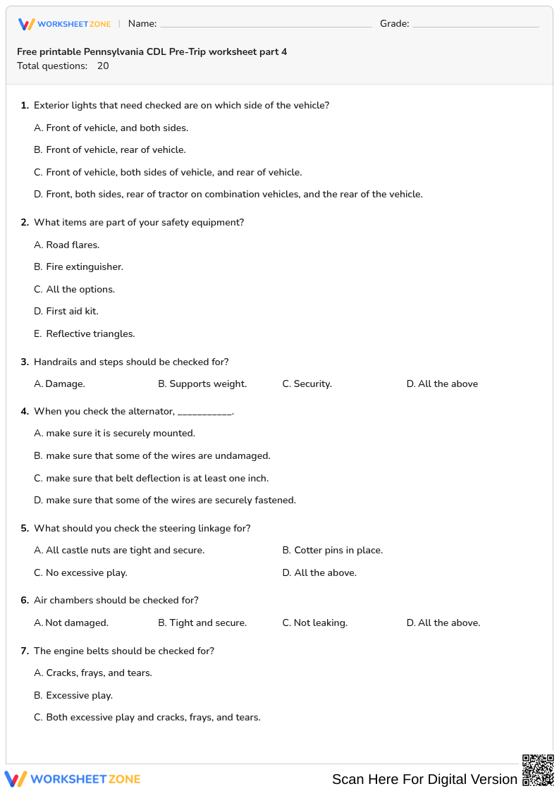 Free printable Pennsylvania CDL Pre-Trip worksheet part 4