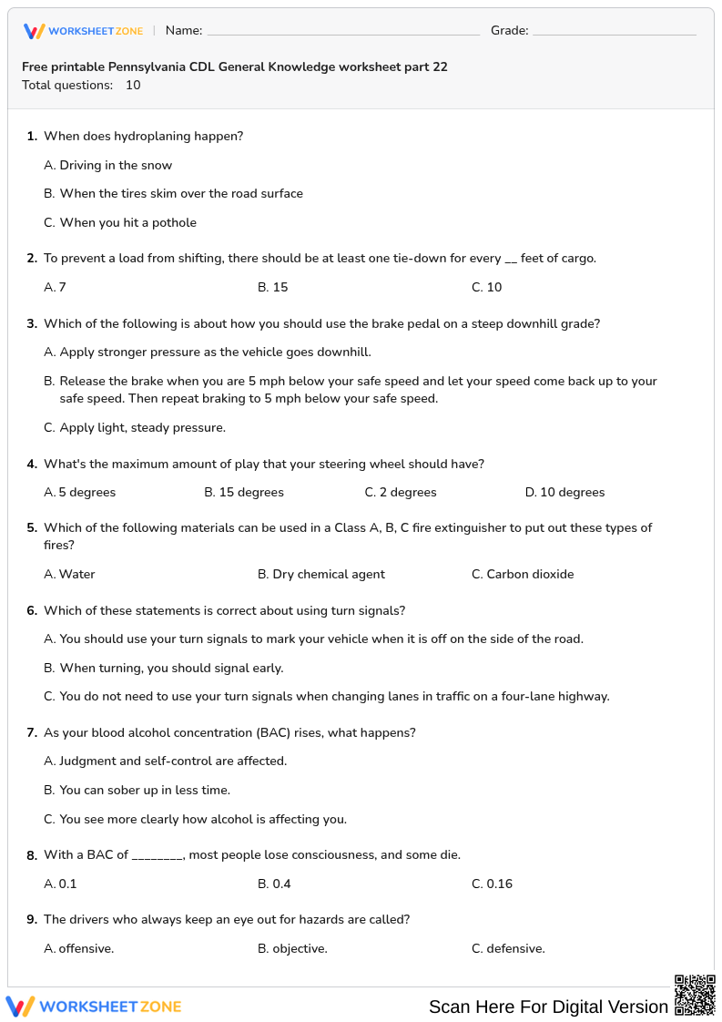 Free printable Pennsylvania CDL General Knowledge worksheet part 22