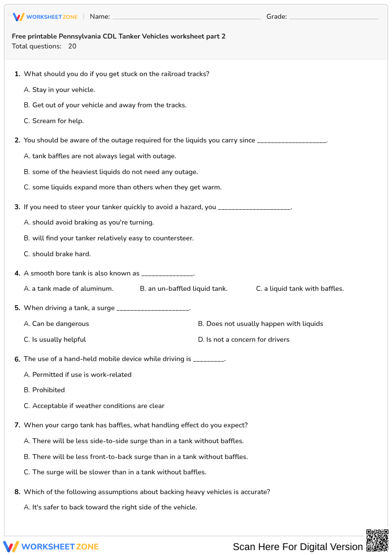 Free printable Pennsylvania CDL Tanker Vehicles worksheet part 2