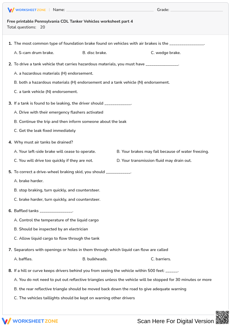 Free printable Pennsylvania CDL Tanker Vehicles worksheet part 4