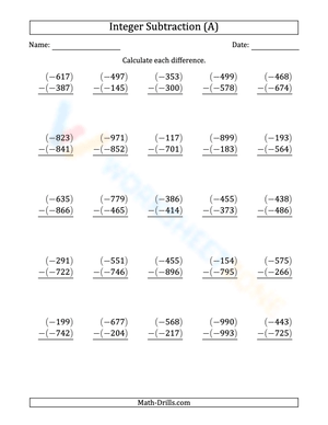 Subtracting Negative Integers (3-Digit)