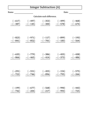 Subtracting Negative Integers (3-Digit)