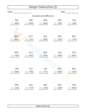 3-Digit Subtraction: Positive Minus Negative Integers