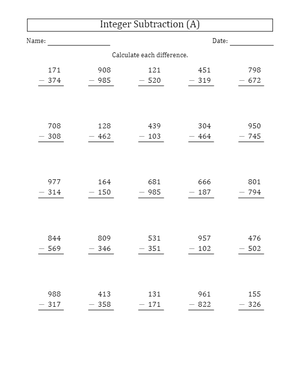 3-Digit Subtraction: Positive Minus Positive Integers