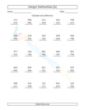 3-Digit Subtraction: Positive Minus Positive Integers