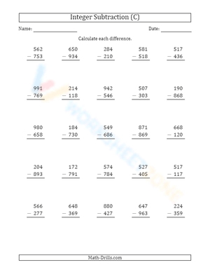 Vertical Subtraction: 3-Digit Positive Minus Positive