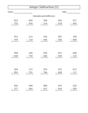 Vertical Subtraction: 3-Digit Positive Minus Positive