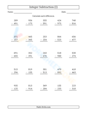 Vertical 3-Digit Subtraction Worksheet
