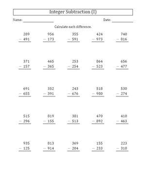 Vertical 3-Digit Subtraction Worksheet
