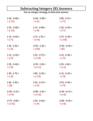 Integer Subtraction Practice with Parentheses